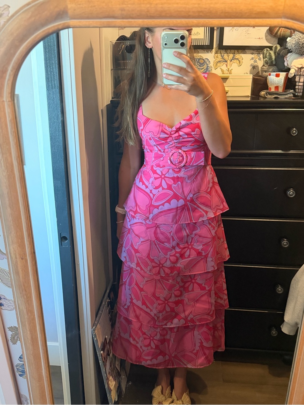 Show Me Your MuMu Hot Pink Floral Tiered Midi Dress